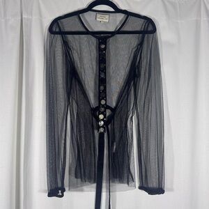 Sheer Black Mesh Long Sleeve Top w/ Mother of Pearl Details